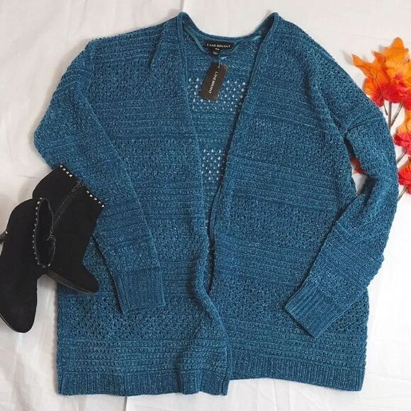 Lane Bryant Teal Metallic Long Sleeve Open Knit Cardigan Plussize 14/ 16 - Picture 3 of 16